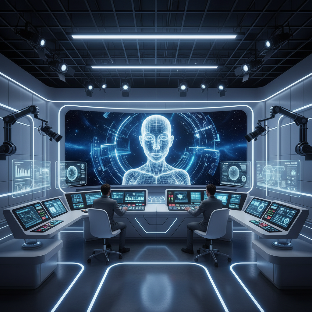 A futuristic television studio with an AI presenter on screen, modern broadcasting equipment, holographic displays, and sleek technology setup. Professional lighting, clean modern aesthetic, no text.