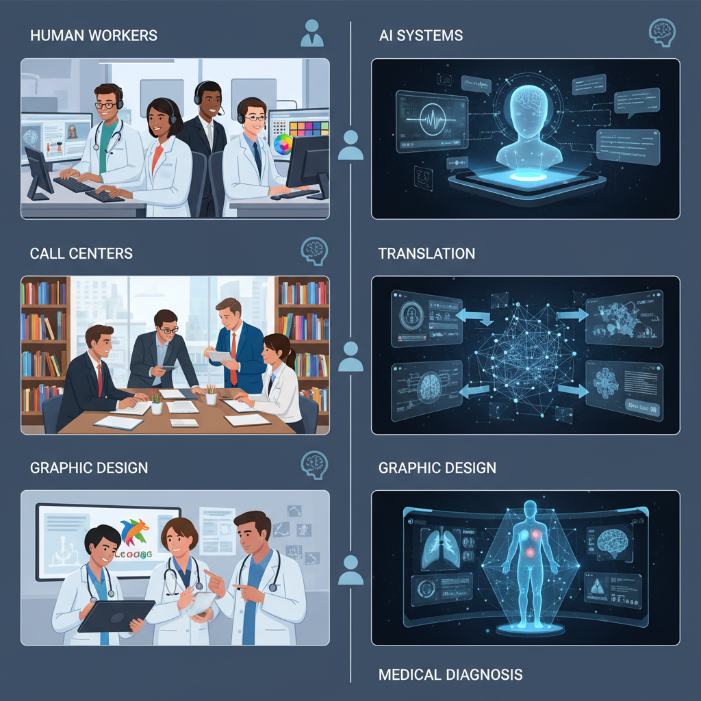 Split-screen comparison showing human workers and AI systems in various professions - call centers, translation, graphic design, medical diagnosis. Clean infographic style with professional atmosphere, no text.