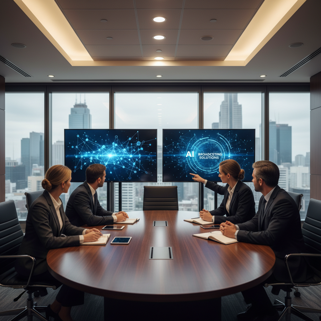 Corporate meeting room with executives discussing AI implementation in broadcasting, modern office setting, presentation screens showing AI technology, professional business atmosphere, no text.
