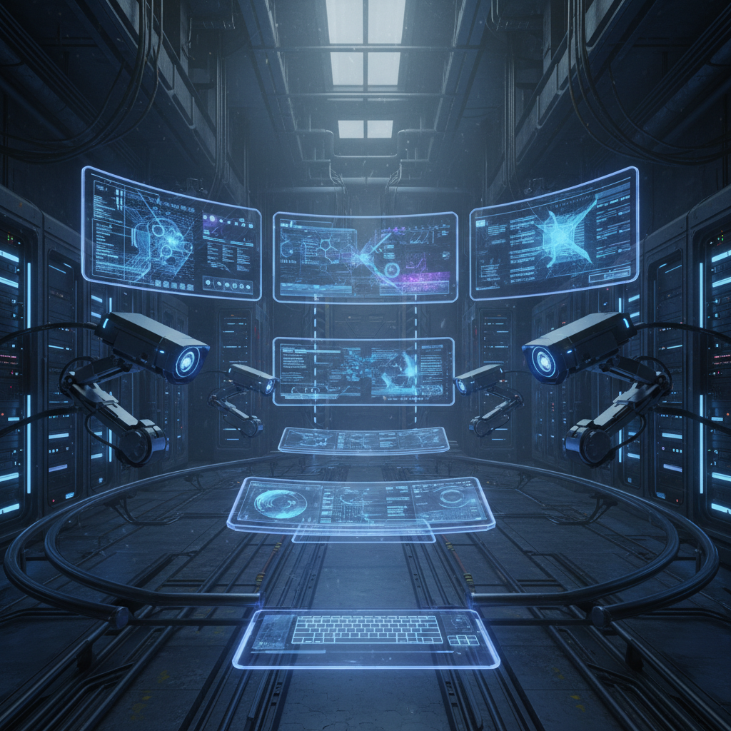 Futuristic automated broadcasting system with multiple AI screens, robotic cameras, and digital content creation tools. Dark, dystopian atmosphere with blue and purple lighting, high-tech but cold environment, no text.