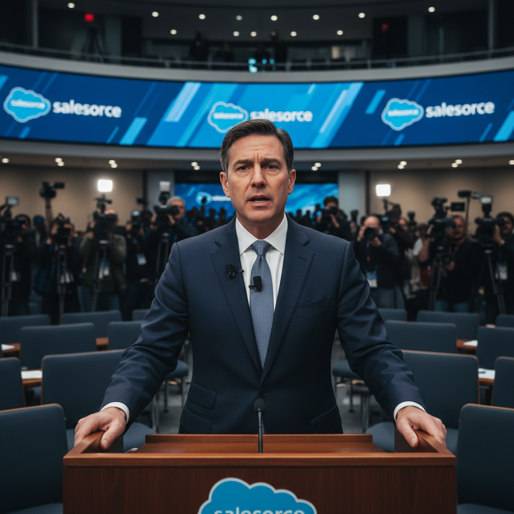 Professional businessman in suit looking concerned while speaking at podium, corporate conference setting with Salesforce branding in background, serious atmosphere with media cameras, realistic business photography style, no text