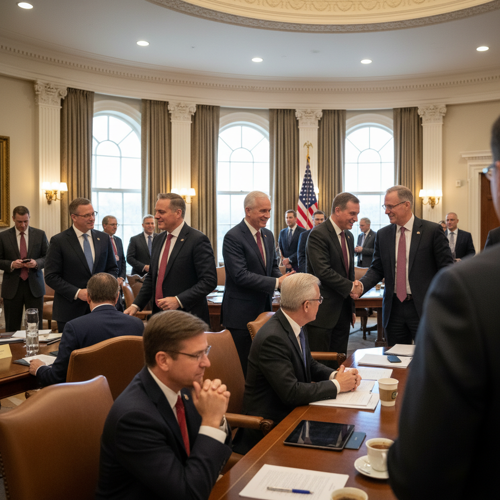 Political meeting scene with business leaders and government officials in formal setting, handshakes and discussions, White House or corporate boardroom atmosphere, professional documentary style photography, no text