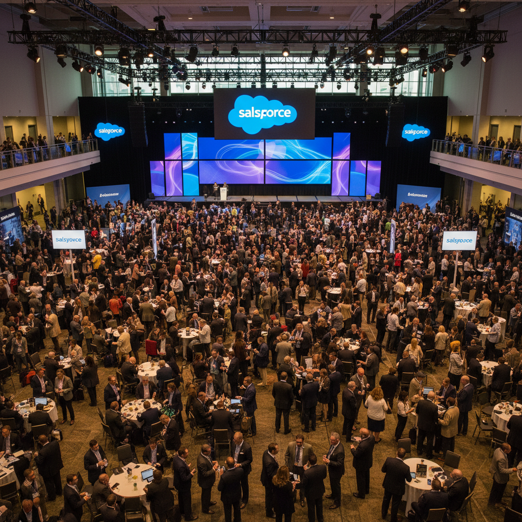 Large corporate conference with thousands of attendees in convention center, Salesforce branding and stage setup, busy networking atmosphere with business professionals, aerial view of crowded event space, corporate event photography style, no text