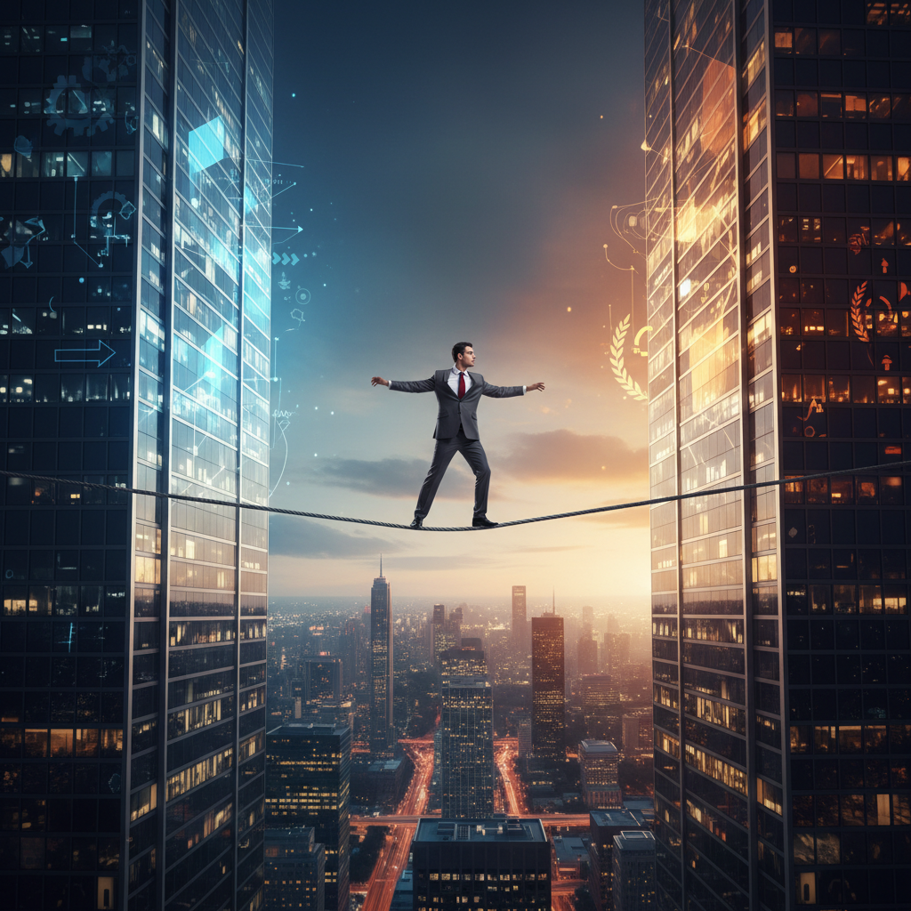 Business executive walking tightrope between two opposing sides, symbolic representation of political balance in corporate world, dramatic lighting with corporate cityscape background, conceptual business illustration style, no text