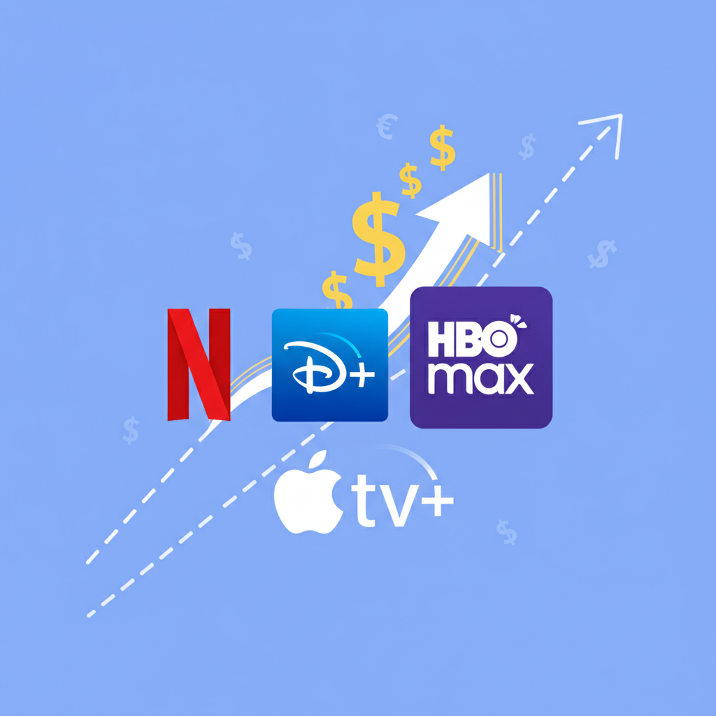 A graphic illustration showing various streaming service logos like Netflix, Disney+, Apple TV+, and HBO Max. The HBO Max logo is highlighted with an upward arrow and dollar signs, symbolizing a price increase. The overall atmosphere suggests a trend of rising costs in the streaming industry. Style: Modern, clean infographic. No text.