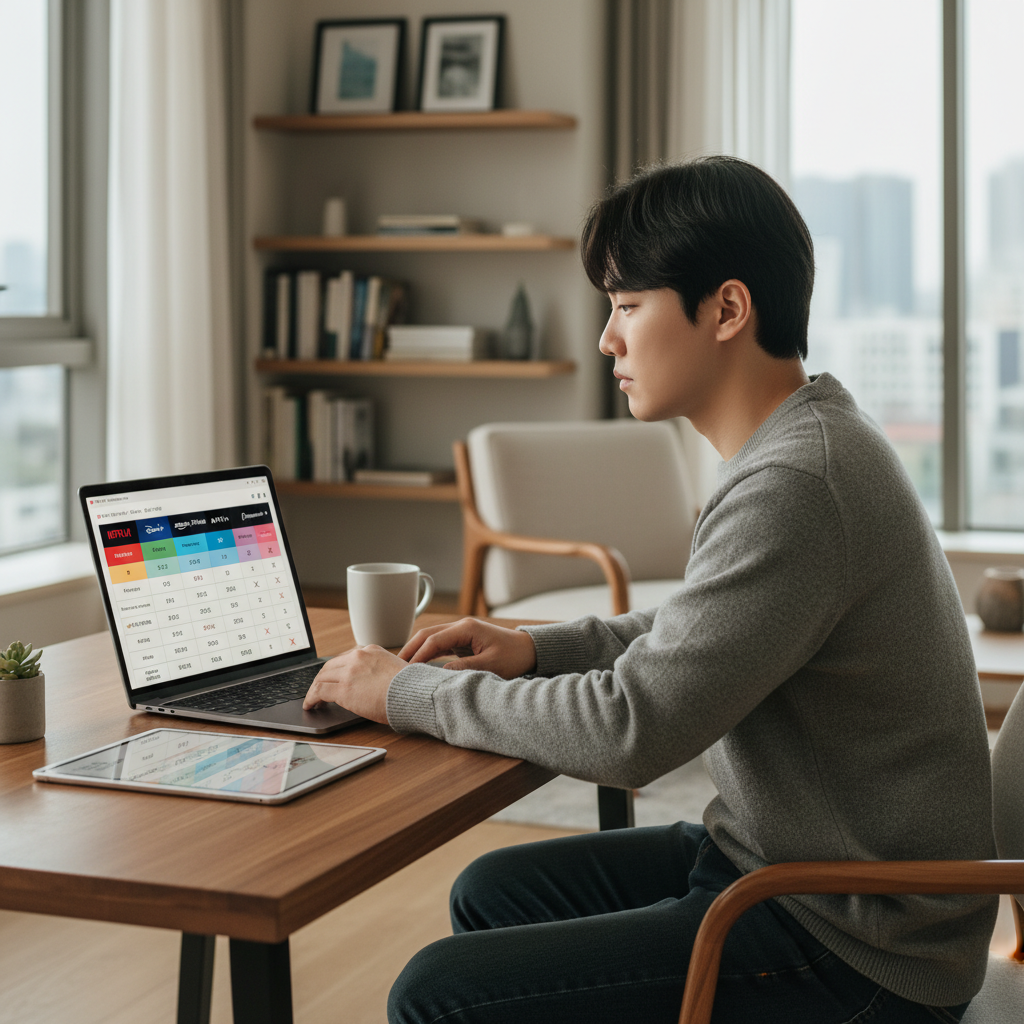 A Korean person sitting at a desk, looking at a laptop or tablet screen displaying a comparison chart of different streaming service prices and features. They look a bit pensive, trying to decide which service to subscribe to. The background is a modern home office. Style: Lifestyle photography, natural lighting, no text.