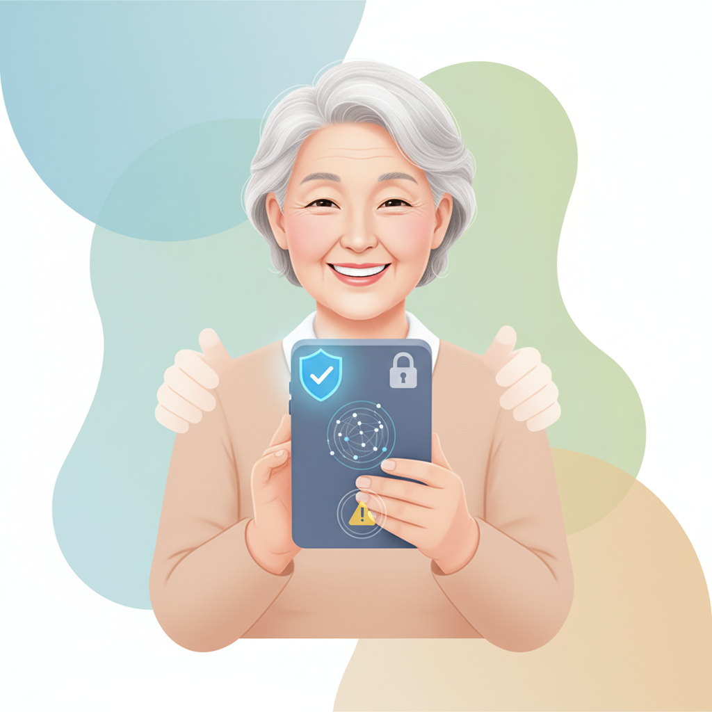 A modern infographic showing an elderly Korean man or woman happily using a smartphone, with protective shields or warning symbols subtly overlaying the screen, representing online scam prevention. The overall tone is safe and reassuring. Clean infographic style. No text in image.