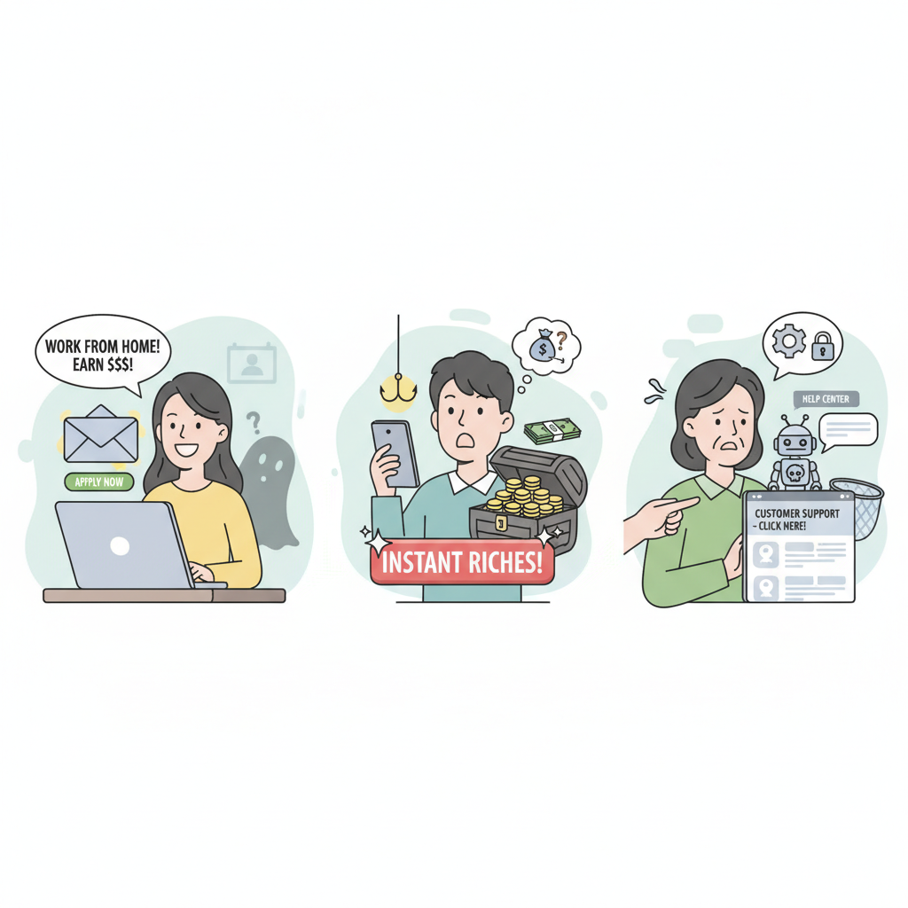 An infographic or cartoon illustrating various common online scam scenarios side-by-side. For example, one panel shows a person receiving a fake "work-from-home" offer, another shows a person being tricked by a "too good to be true" money offer, and a third shows someone interacting with a fake customer support profile. Use Korean people characters. Clean infographic style. No text in image.