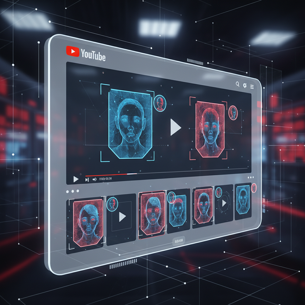 Modern digital interface showing AI face detection technology on YouTube platform, with protective shields and creator avatars, clean tech illustration style, blue and red color scheme, no text