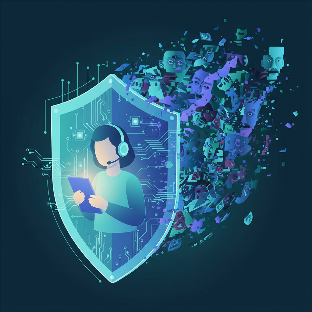 Digital shield protecting content creator avatar from AI-generated fake content, cybersecurity theme, protective technology visualization, modern illustration style, blue and green colors, no text