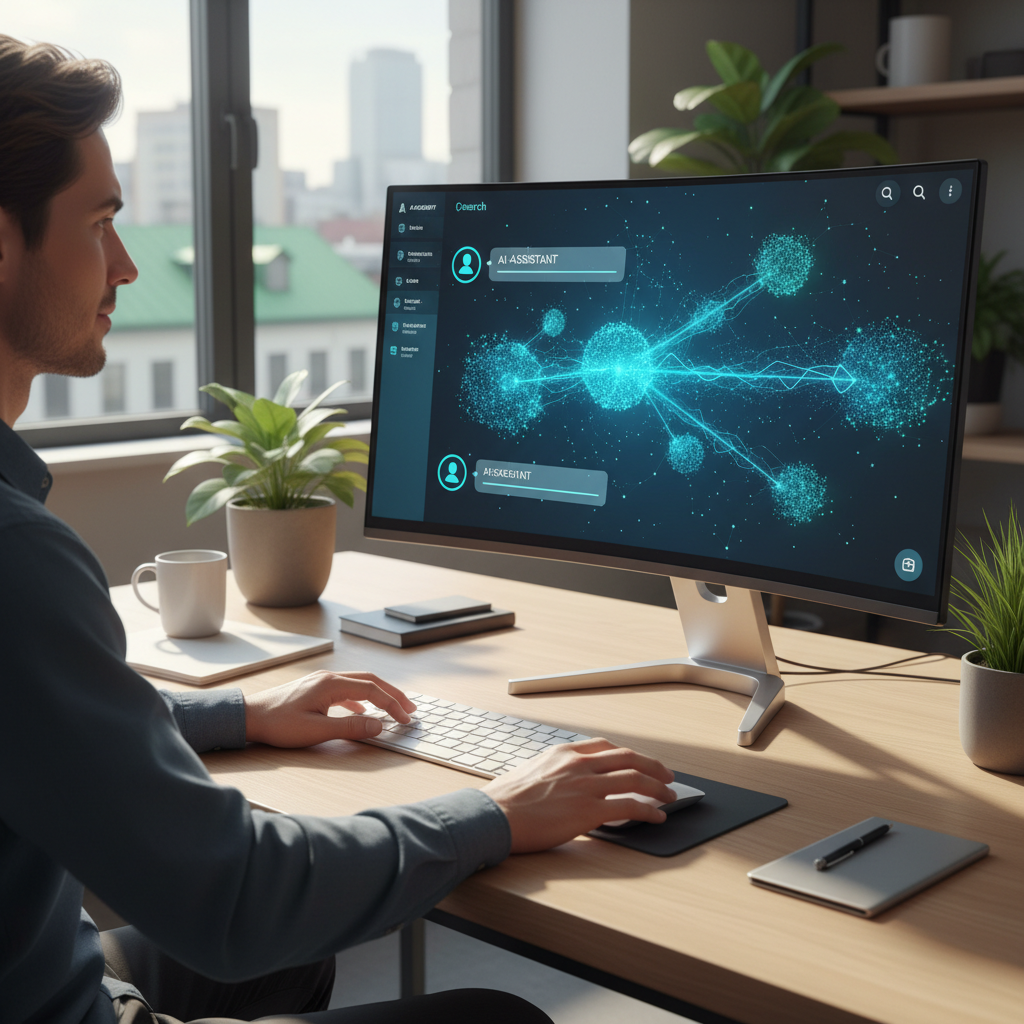 Person using AI-powered search interface on computer, chatting with search results, modern workspace setting with natural lighting, realistic photography style, no text.