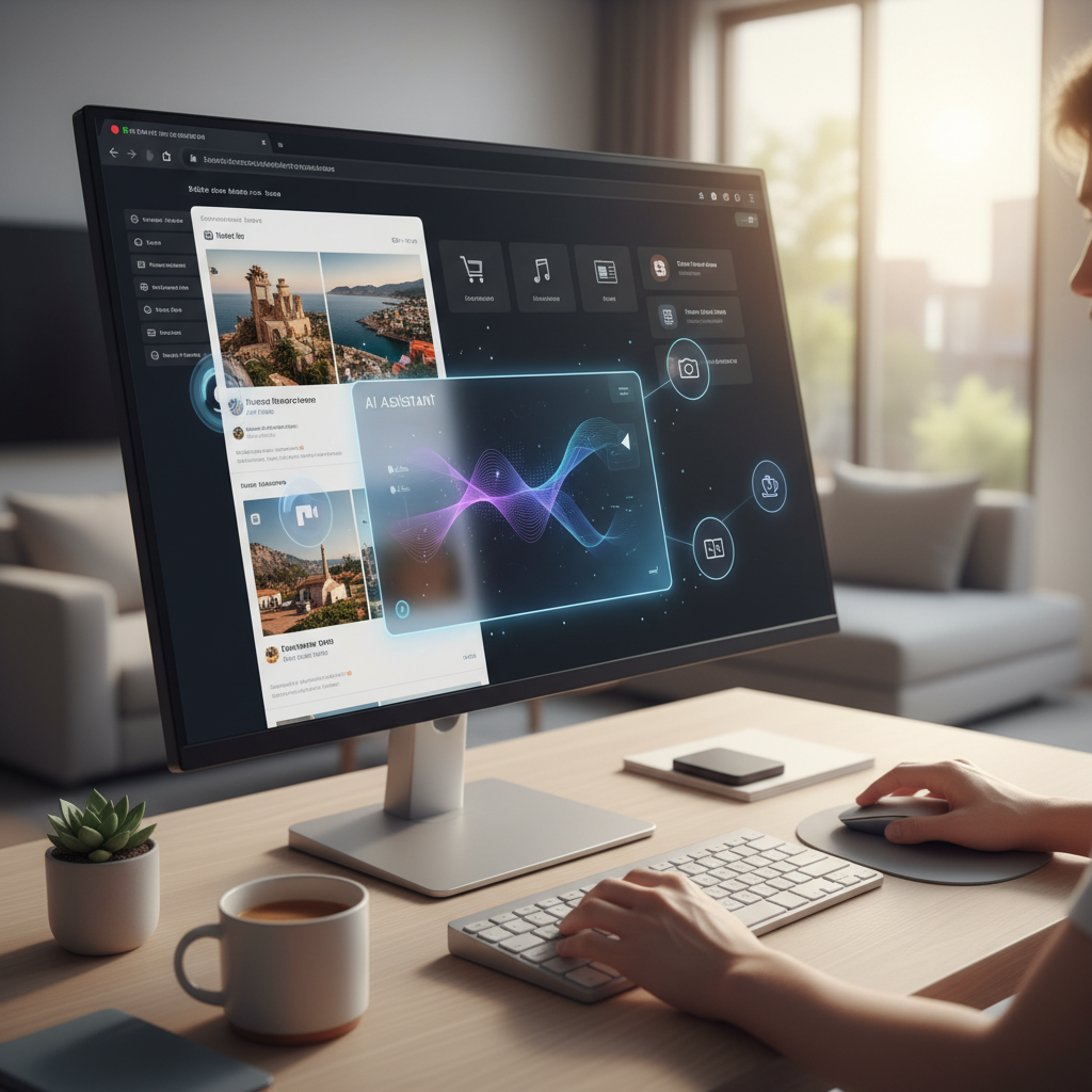 Personalized web browsing experience with AI assistance, multiple browser tabs and intelligent recommendations, clean modern interface, lifestyle photography, no text.