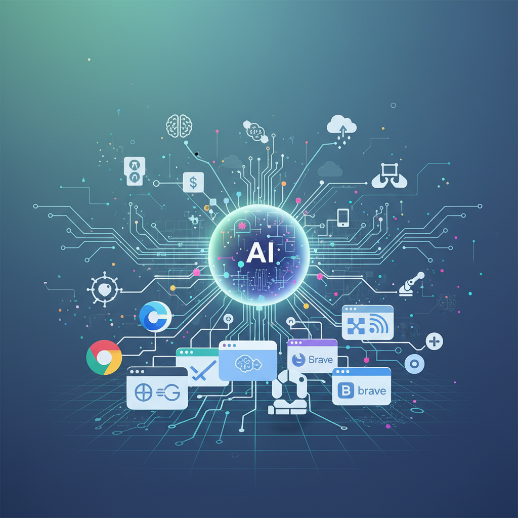 Competitive technology landscape showing different web browsers and AI integration, modern digital illustration style with clean infographic elements, no text.