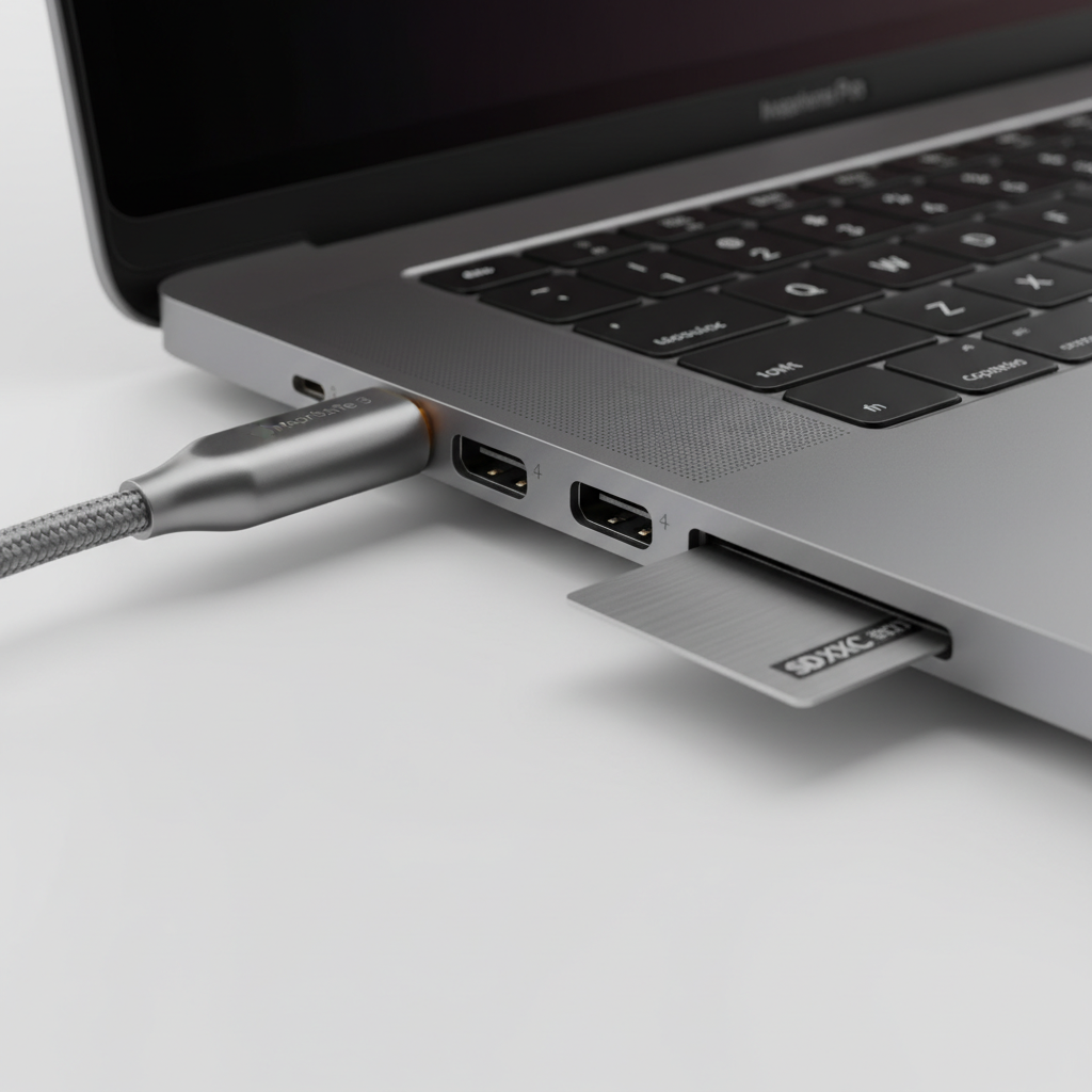 Close-up view of MacBook Pro ports showing MagSafe, Thunderbolt, HDMI, and SD card slots. Professional product photography with detailed focus on connectivity options. Clean background, no text.