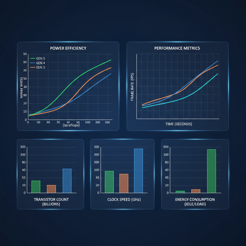 Technical illustration showing power efficiency graphs and performance metrics. Clean data visualization with charts comparing different chip generations. Professional tech review style, no text overlays.