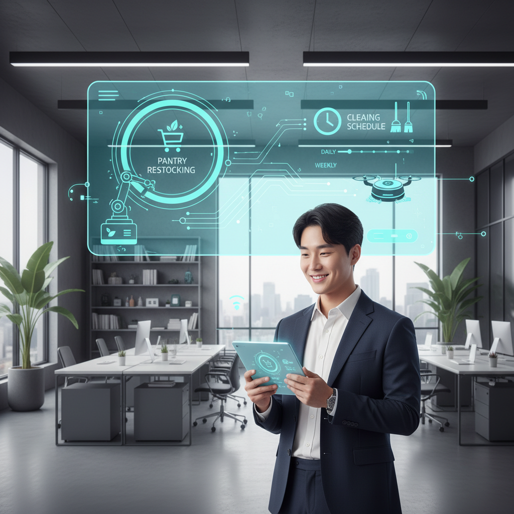 A modern office environment with a sleek AI interface displaying automated tasks like pantry restocking and cleaning schedules. A Korean office worker smiles, looking at a tablet while the AI system manages various office logistics seamlessly in the background. Style: clean infographic. No text.