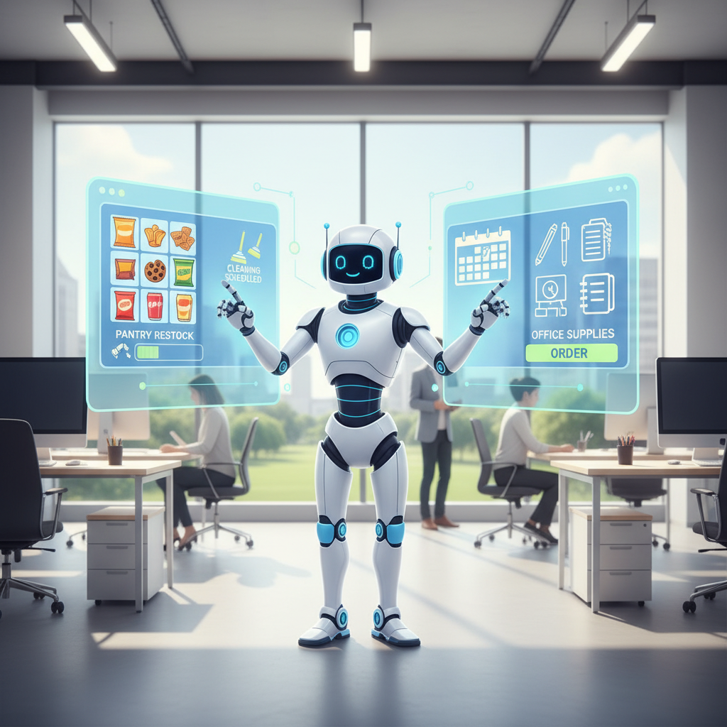 An AI agent depicted as a friendly robot or an invisible intelligent system managing various office tasks simultaneously. It is shown coordinating pantry restocking with snacks and drinks, scheduling cleaning services, and ordering office supplies, all displayed on a futuristic transparent interface in a bright, modern office. Style: clean infographic. No text.
