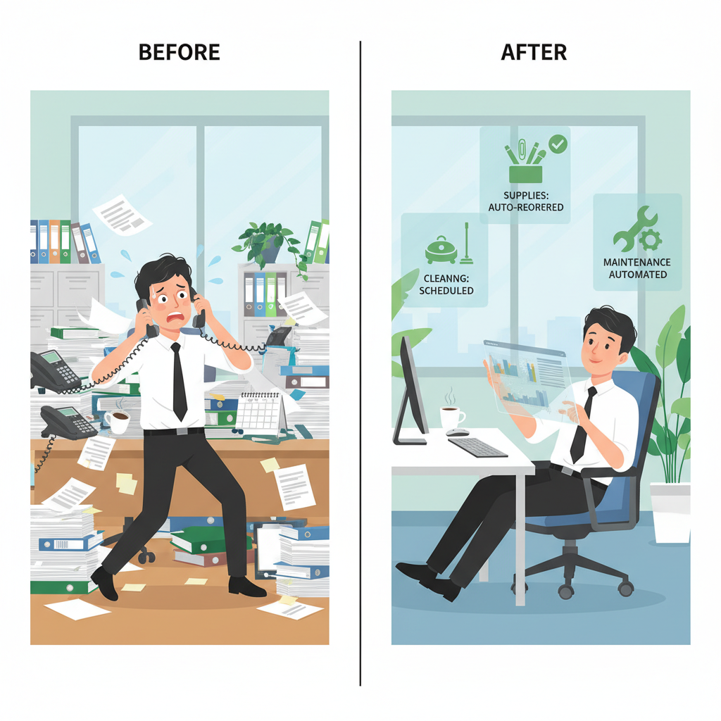 A dynamic split-screen infographic demonstrating the "before and after" of office management. One side shows a cluttered desk with a stressed Korean office worker juggling multiple tasks (phones, papers, calendar). The other side shows the same worker relaxed, focusing on strategic work, while AI interfaces seamlessly manage office supplies, cleaning, and maintenance tasks in the background. Style: clean infographic. No text.