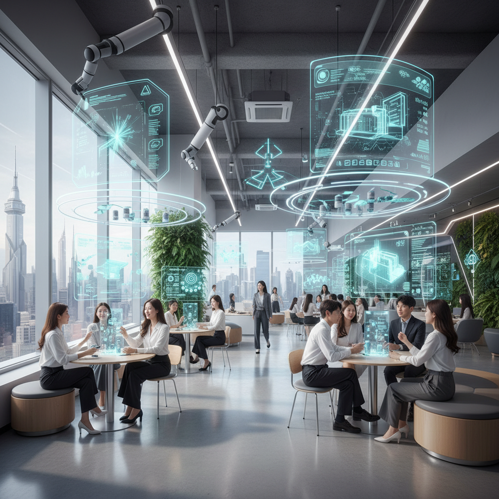 A futuristic, bright office space where Korean employees are engaged in creative collaboration, unburdened by administrative tasks. Large transparent screens display data and ideas, while subtle AI interfaces manage the physical environment in the background. The atmosphere is calm, productive, and focused on human interaction and innovation. Style: modern lifestyle photography. No text.