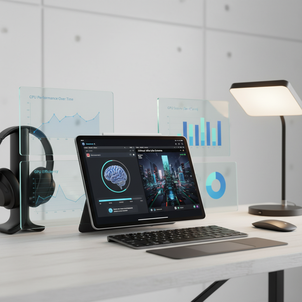 A modern iPad Pro on a clean desk with performance testing apps running on the screen, surrounded by charts and graphs showing benchmark results. Professional tech review setup with soft lighting, no text.