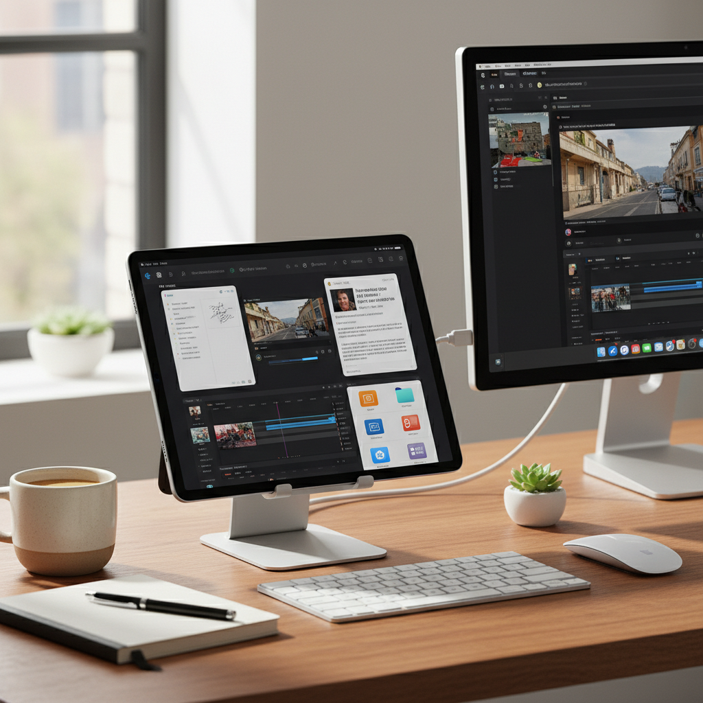 Split-screen view on iPad Pro showing multiple apps running simultaneously, with external monitor connected. Clean workspace setup showcasing multitasking capabilities, lifestyle photography style, no text.