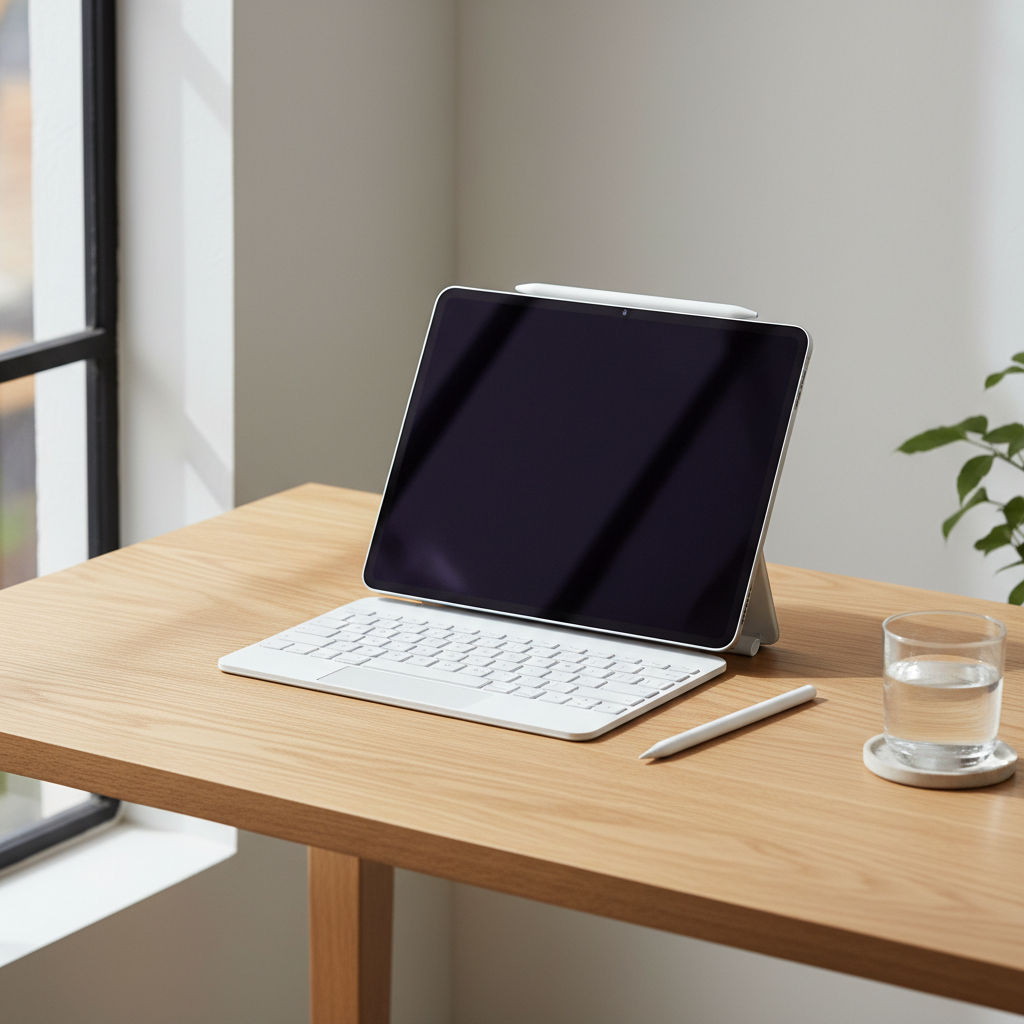 iPad Pro with Magic Keyboard and Apple Pencil Pro arranged aesthetically on a minimalist desk. Professional product photography with natural lighting, showing compatibility between devices, no text.