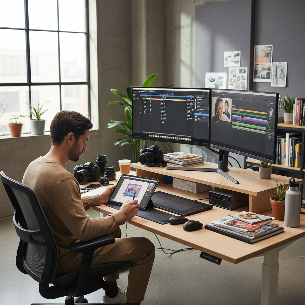 Professional creative workspace with iPad Pro being used for digital art and video editing. Multiple monitors, creative tools, and modern office setup. Lifestyle photography showing productivity, no text.