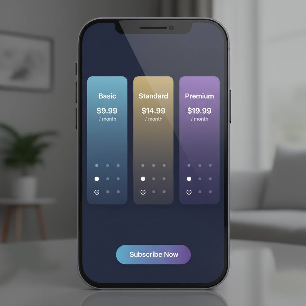 A clean smartphone screen displaying HBO Max subscription pricing tiers with dollar amounts, modern interface design, soft lighting, realistic mobile app visualization, no text in image