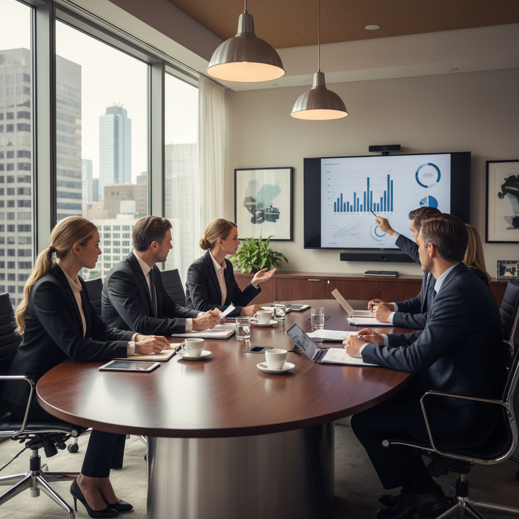 Professional corporate boardroom meeting with executives discussing business documents, modern office setting, natural lighting, business atmosphere, realistic photography style, no text in image