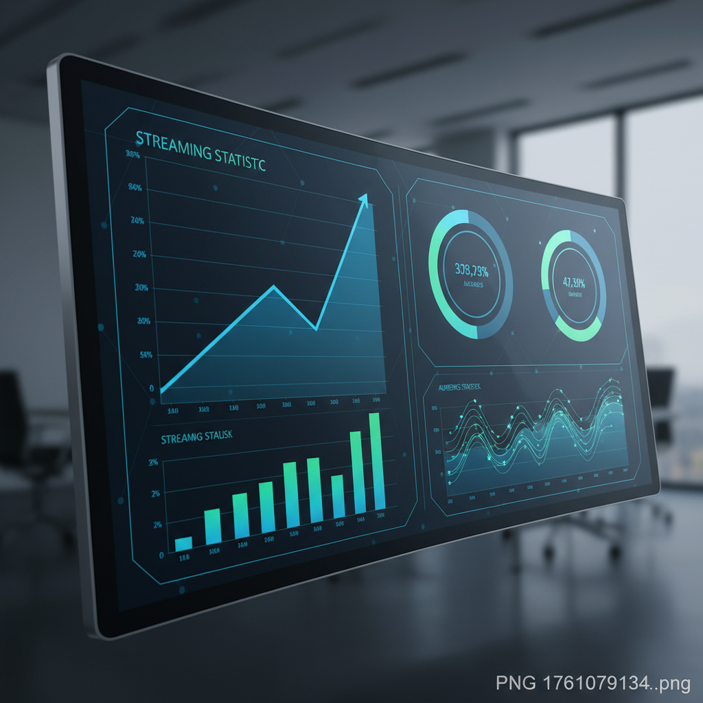 Digital dashboard showing upward trending financial charts and streaming statistics, modern data visualization, blue and green color scheme, professional business graphics style, no text in image