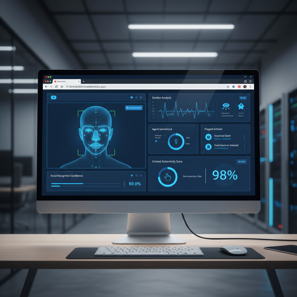 A modern computer screen showing YouTube's AI detection interface with facial recognition technology analyzing video content, clean dashboard design with blue and white colors, professional tech environment, no text