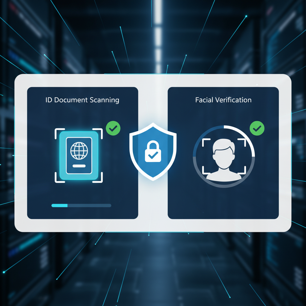 A secure verification process interface showing ID document scanning and facial verification steps, modern UI design with security icons, professional authentication system, clean layout, no text