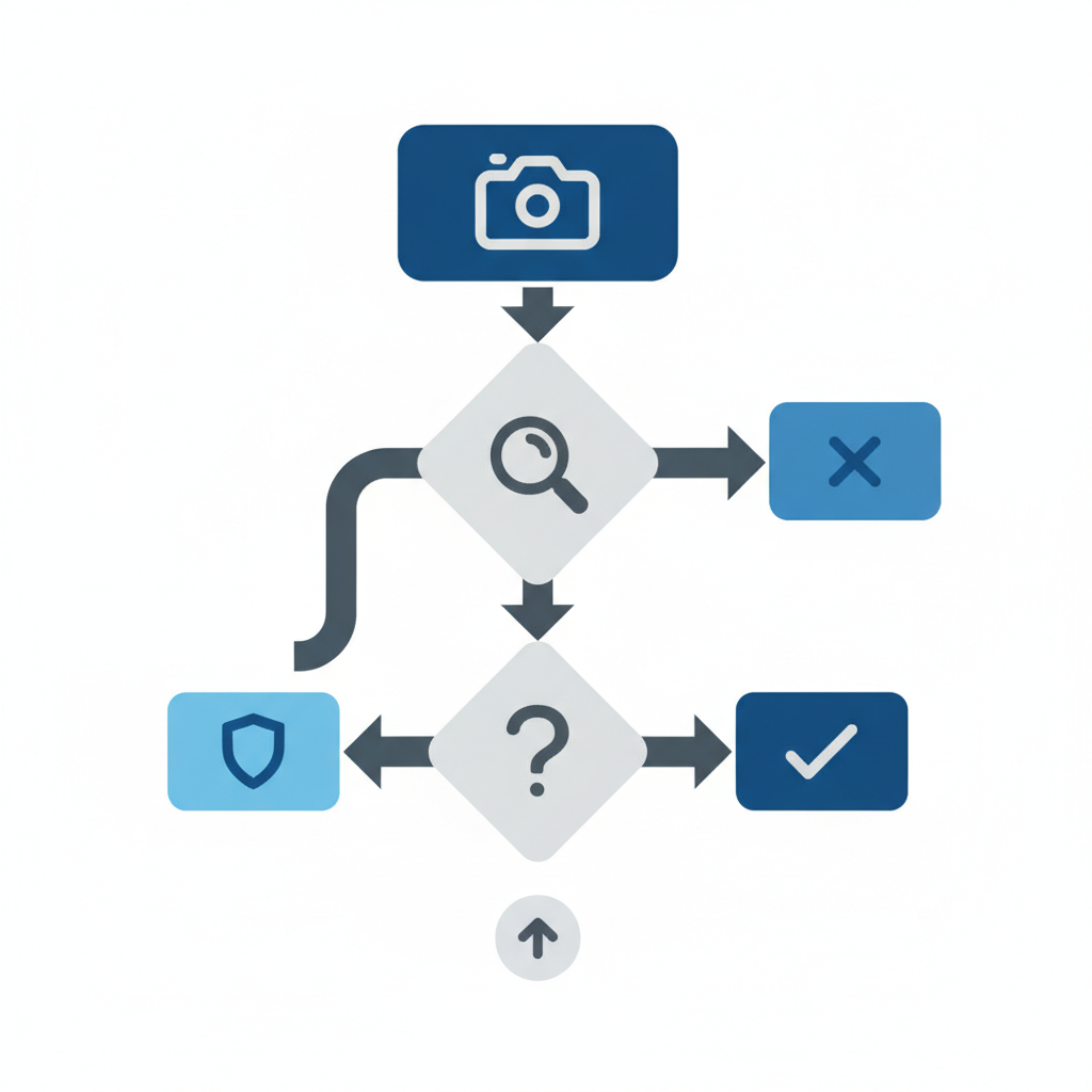 A flowchart illustration showing the AI fake video reporting process, with decision points and review stages, professional infographic style with arrows and process boxes, blue and gray color scheme, no text