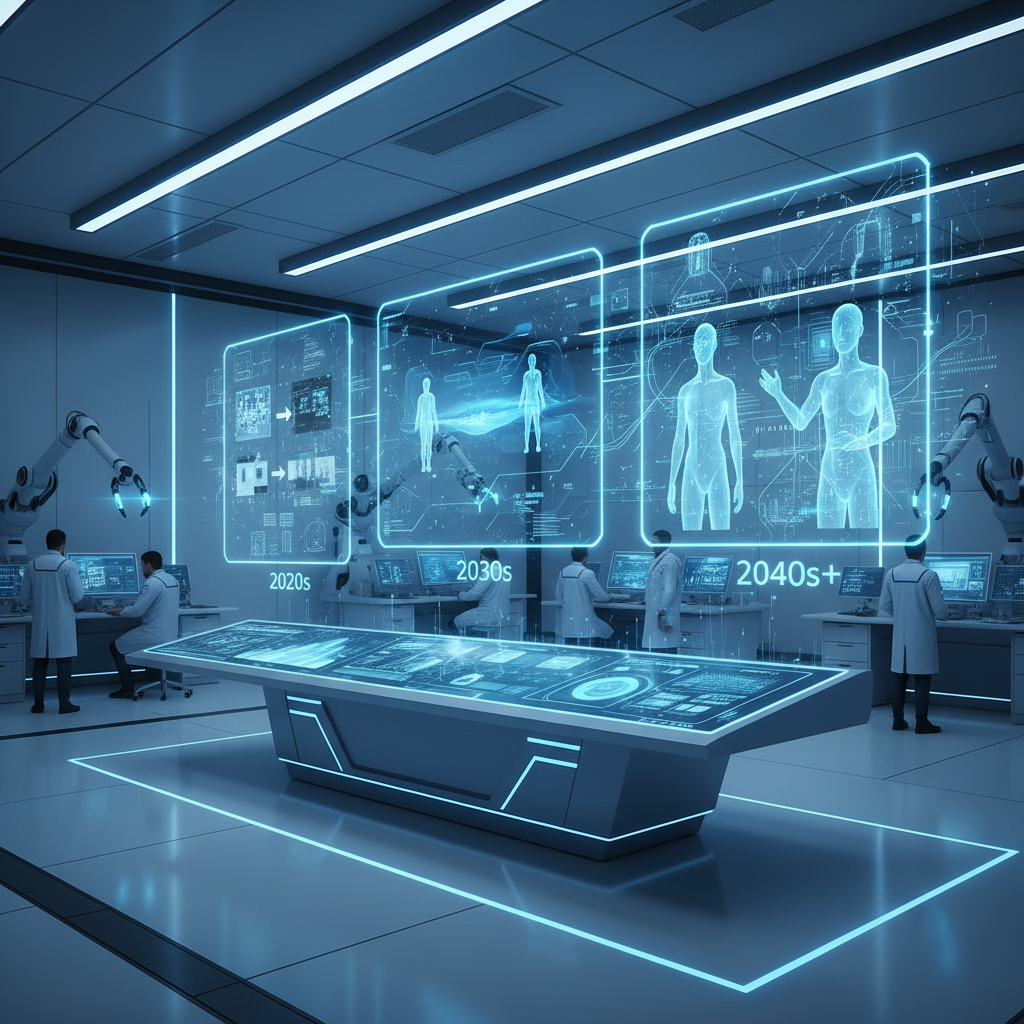 A futuristic tech visualization showing AI video generation evolution timeline, with holographic displays and digital interfaces, modern laboratory setting with blue lighting, advanced technology atmosphere, no text