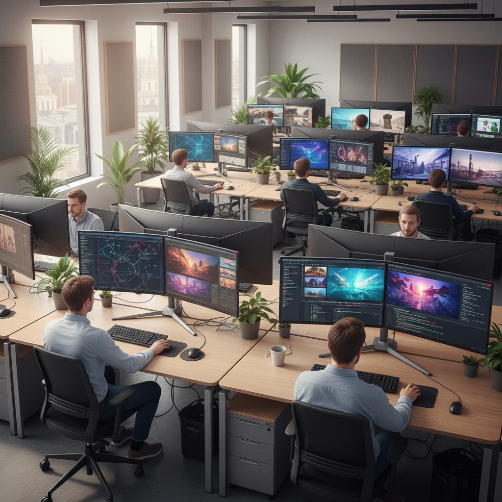 Modern tech office environment with developers working on multimodal AI platforms, multiple screens showing image and video generation interfaces, clean workspace with natural lighting, professional atmosphere, no text