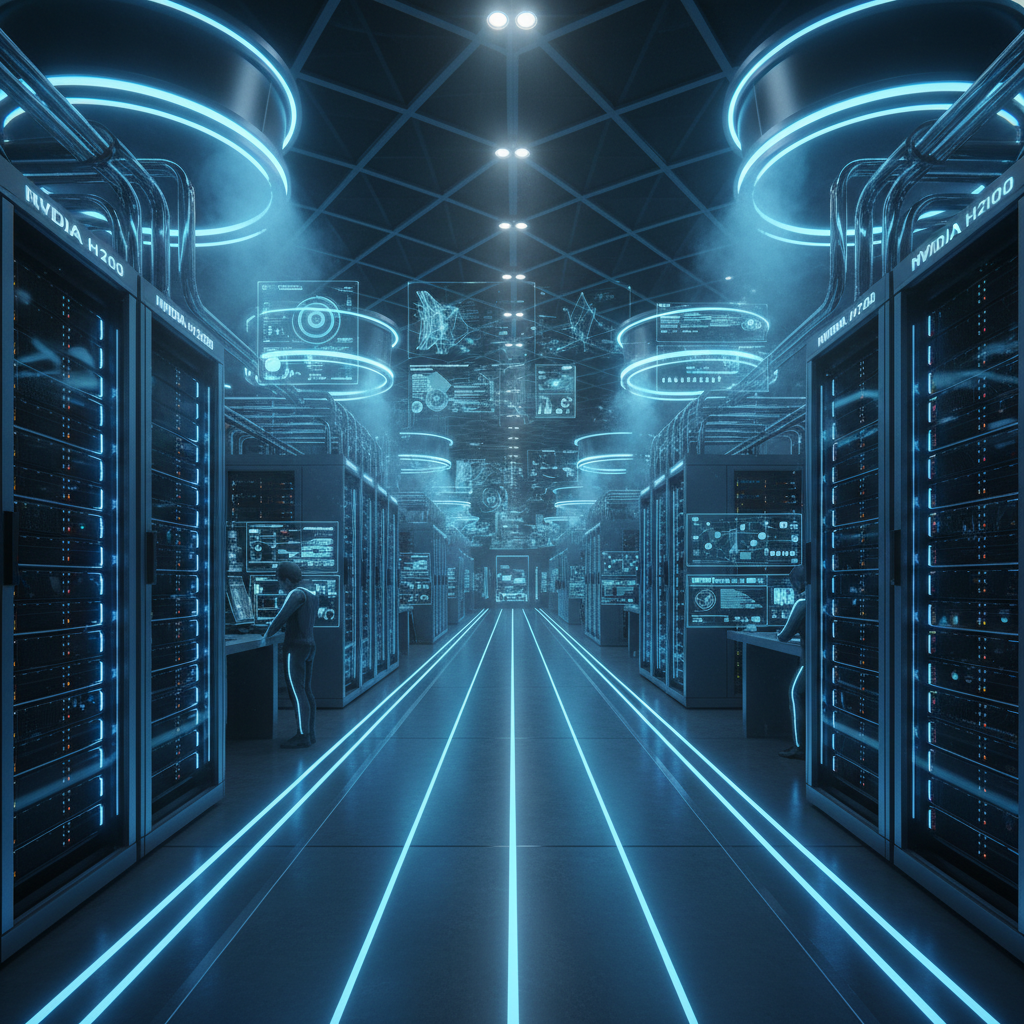 High-tech data center with rows of NVIDIA H100 and H200 GPUs, servers processing multimodal AI workloads, blue LED lighting, futuristic atmosphere with cooling systems, no text