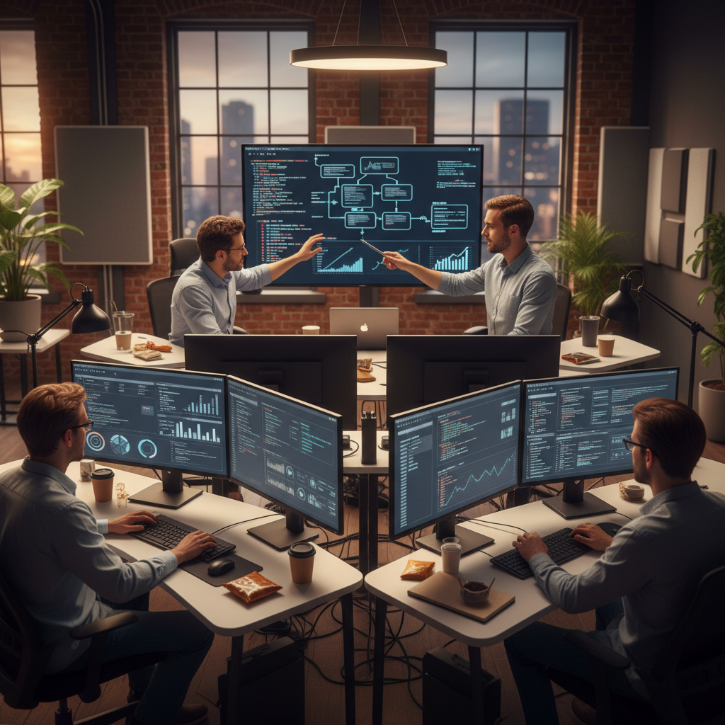 Software engineers optimizing Stable Diffusion models for speed and scale, multiple monitors showing code and performance metrics, collaborative workspace environment, warm lighting, no text