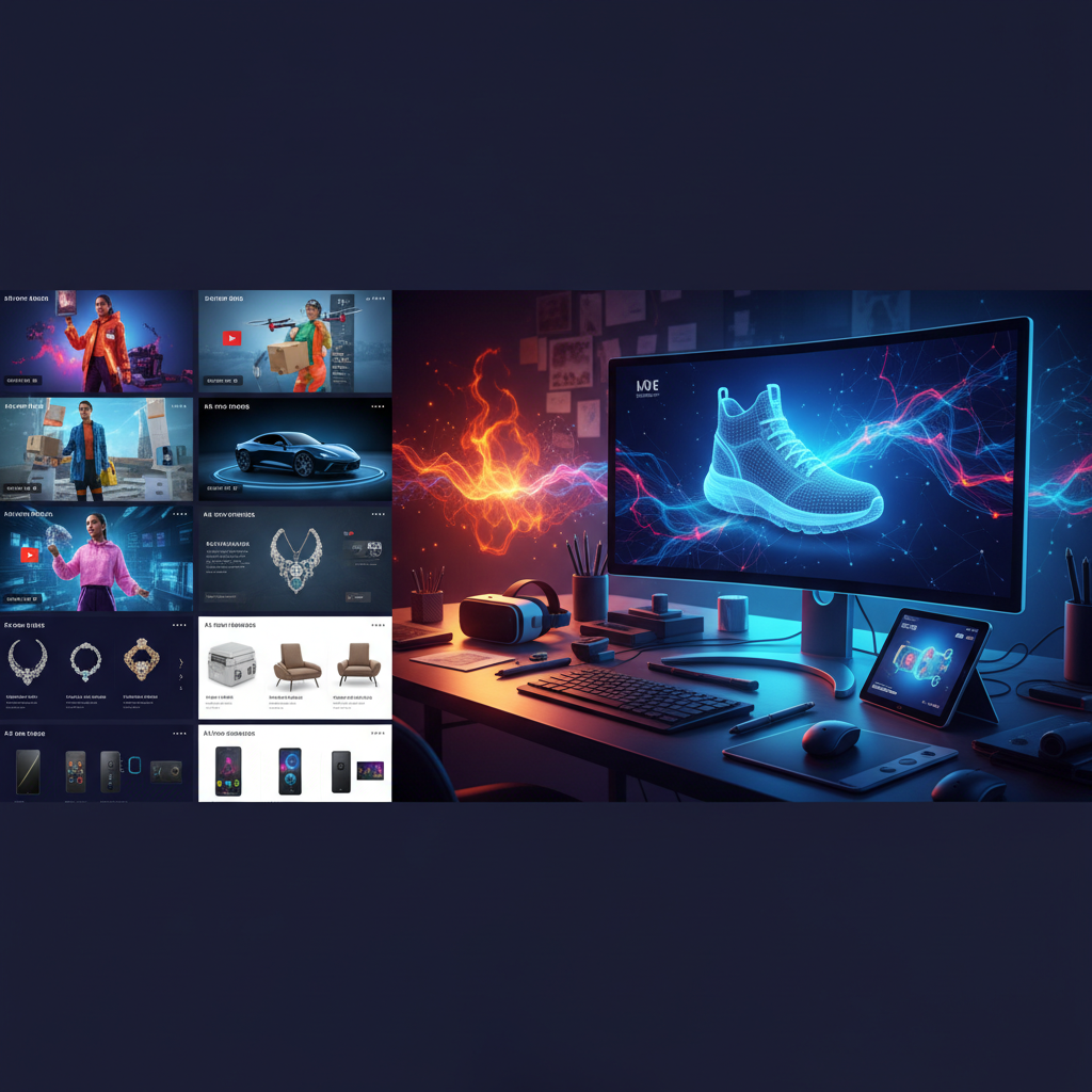 Collage showing various AI-generated content including images, videos, and 3D models for advertising and e-commerce, creative workspace with design tools, vibrant colors, professional presentation, no text
