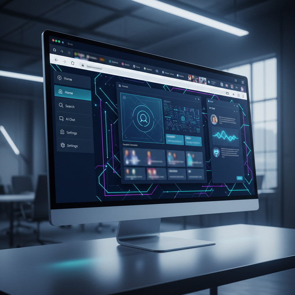 Modern web browser interface with AI chat integration, clean design with futuristic elements, multiple tabs open showing AI-powered search results, realistic computer screen display, professional lighting, no text