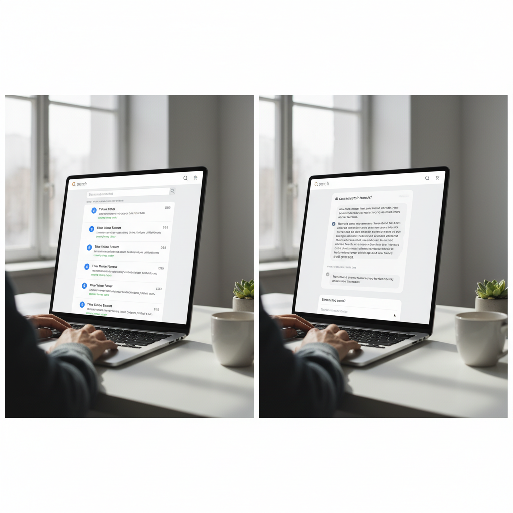 Split screen showing traditional search results versus AI conversational search interface, person typing questions and receiving contextual responses, modern UI design, clean workspace setting, natural lighting, no text