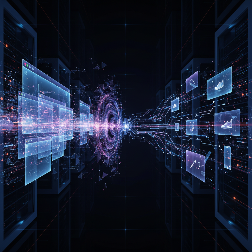 Abstract visualization of browser data analysis, flowing data streams from browser windows to AI processing centers, digital advertising concepts, futuristic data visualization, professional tech environment, no text