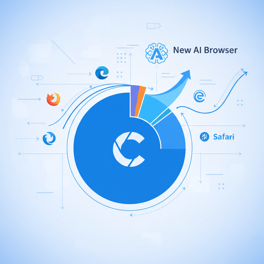Competitive landscape visualization showing browser market share changes, multiple browser icons including Chrome and new AI browser, market dynamics illustration, business analytics style, professional presentation format, no text