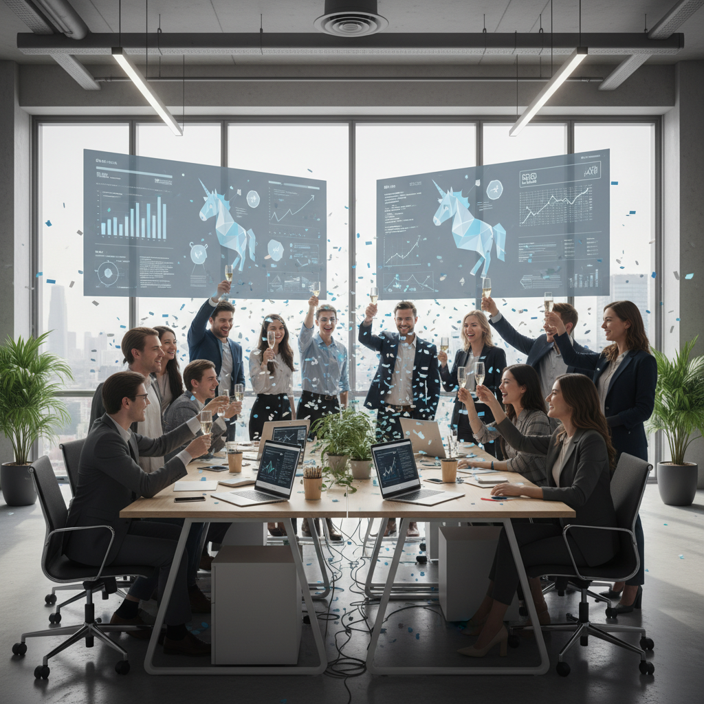 A modern tech startup celebration scene showing diverse team members in a bright office space with laptops, AI development charts on screens, and unicorn milestone graphics. Clean corporate photography style with natural lighting, no text.