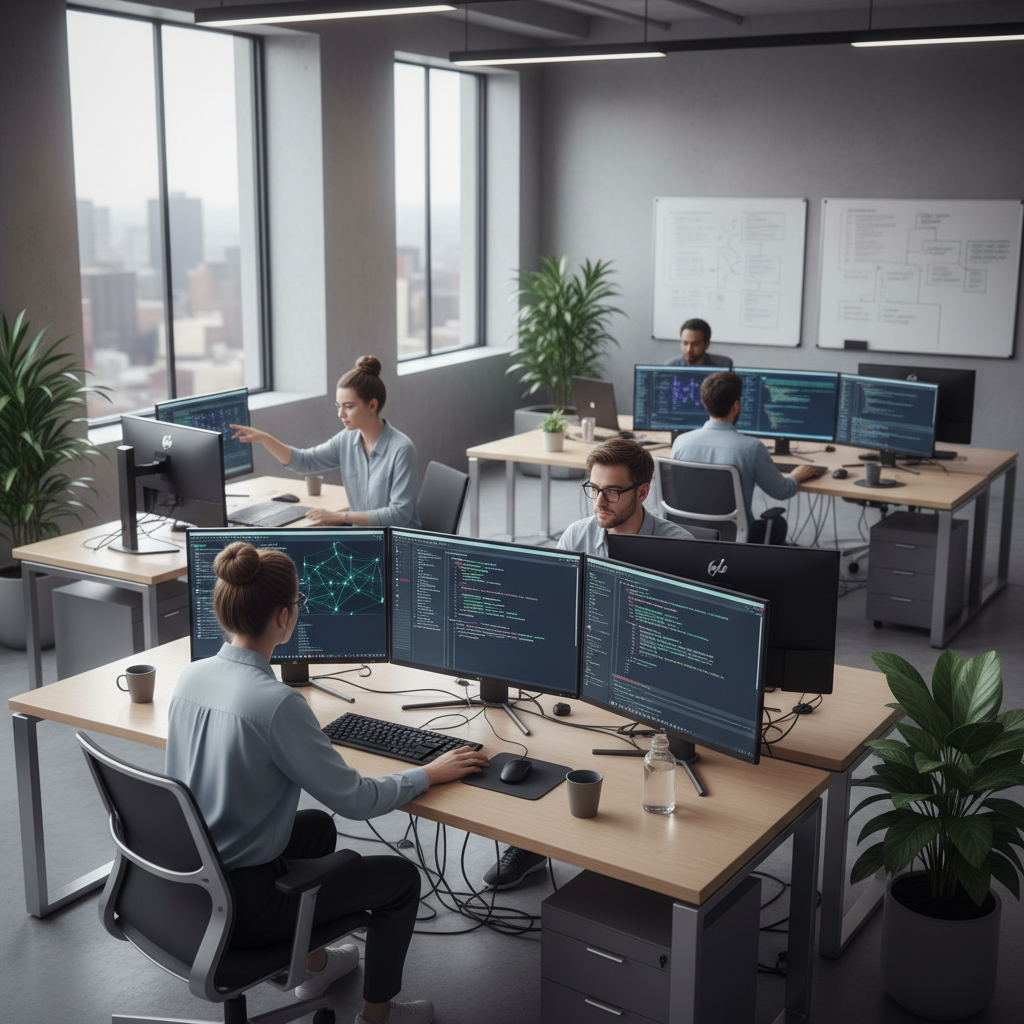 Software developers working on AI applications in a modern workspace, multiple monitors showing code and AI frameworks, collaborative atmosphere with natural lighting, realistic tech environment, no text.