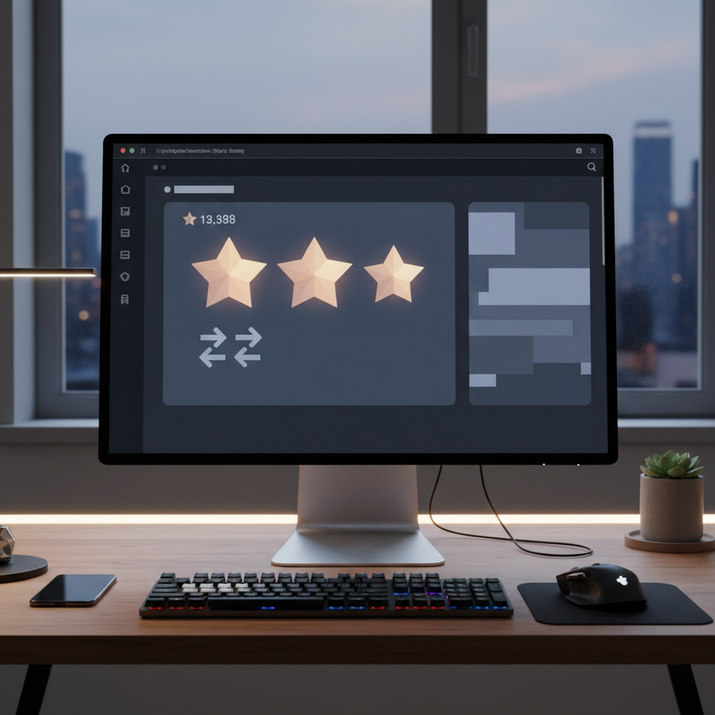 Clean computer screen displaying GitHub repository interface with star ratings and fork statistics, modern developer workspace setup, professional lighting, realistic tech environment, no text.