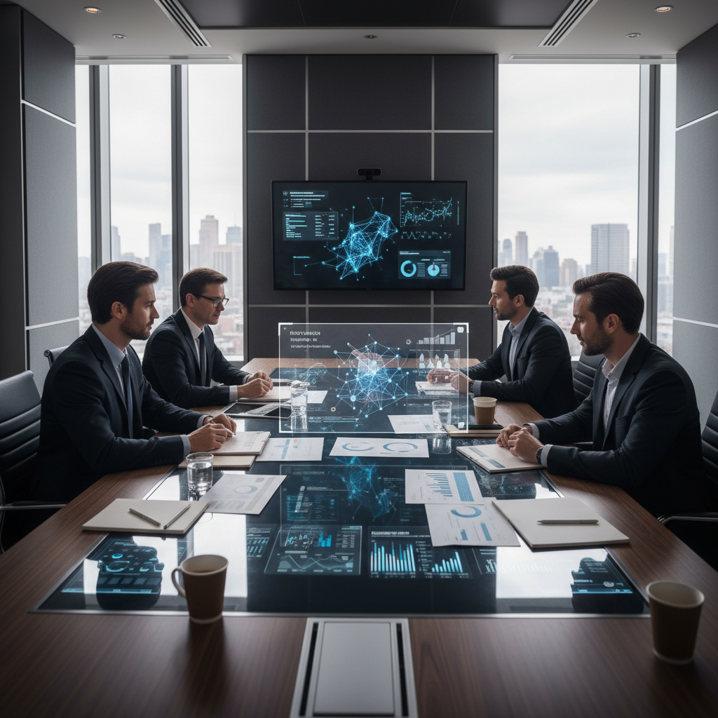 Professional venture capital meeting room with investors reviewing AI startup presentations, modern corporate environment with charts and documents on table, natural business lighting, no text.
