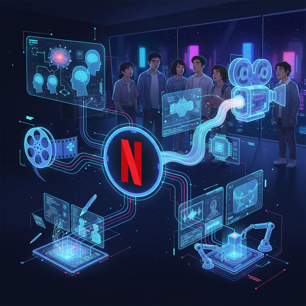A stylized infographic showing Netflix's logo integrated with various AI tools and creative processes like film reels, scripts, and production elements. The overall tone is forward-looking and innovative. Korean people in the background. No text.