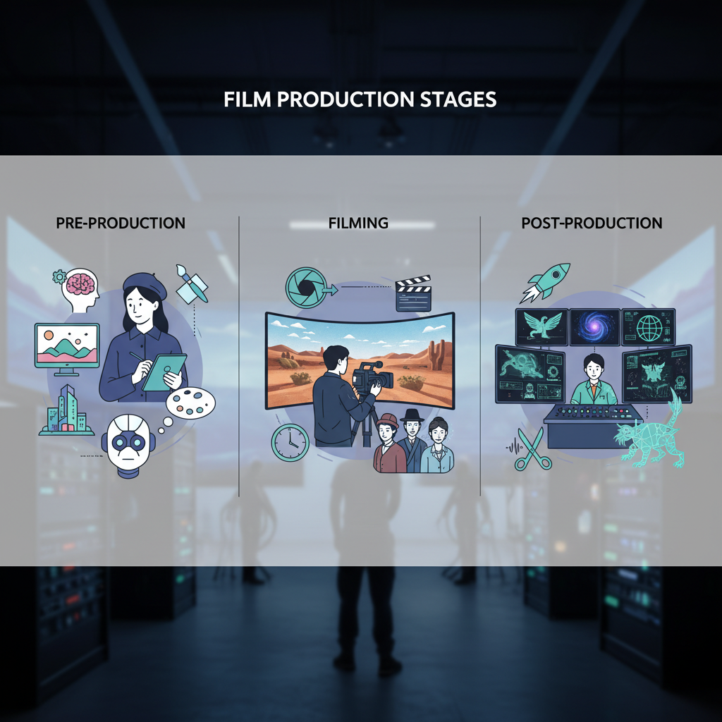 An infographic showing different stages of film production (pre-production, filming, post-production) with icons representing AI tools like concept art generation, de-aging actors, and special effects. Style: clean infographic with a focus on Korean people in a modern film studio setting. No text.
