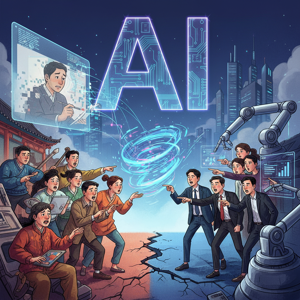 A thought-provoking illustration showing two distinct groups of Korean people debating, one side representing artists with concerns about AI replacing jobs, and the other side representing studios embracing AI for efficiency. A large AI symbol in the background. Style: contemporary illustration with a dynamic composition. No text.