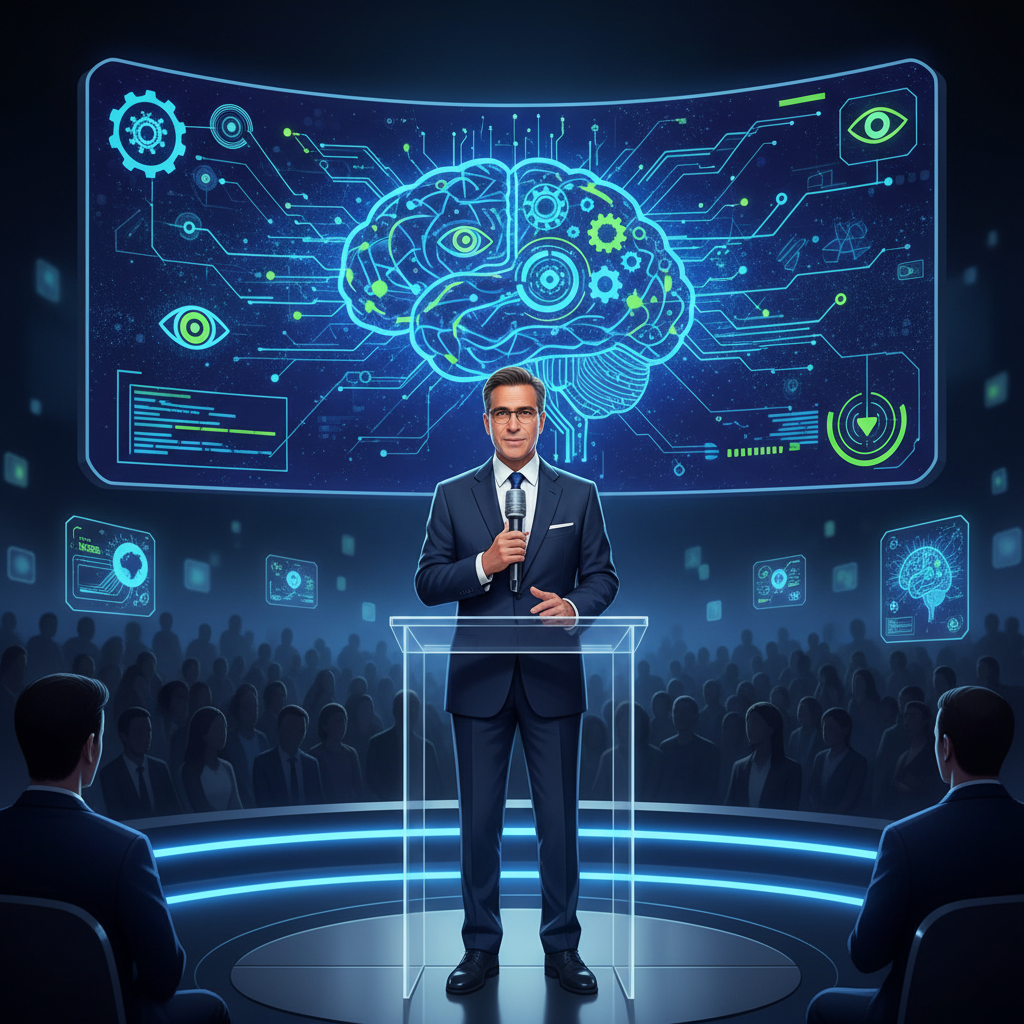 A professional illustration of a male CEO (Ted Sarandos) speaking confidently in front of a digital screen displaying AI-related graphics, symbolizing his perspective on generative AI's role in the entertainment industry. The atmosphere is innovative and forward-thinking. No text.
